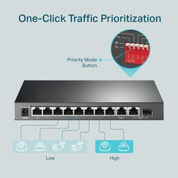 TP-Link TL-SG1210MP сетевой коммутатор неуправляемый 8× Gigabit RJ45 PoE+ 1× SFP настольный чёрный (TL-SG1210MP)
