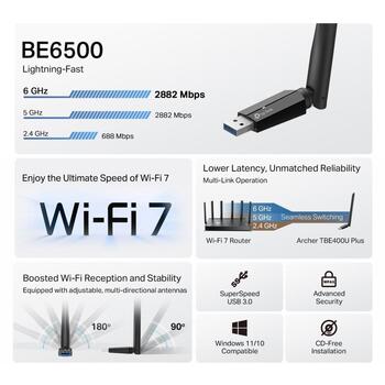 TP-Link Wi-Fi адаптер Archer TBE400U Plus, 2.4 GHz, 5 GHz, 6 GHz, 802.11ax, 6.5 Gbps, высокий усилитель (Archer TBE400U Plus)