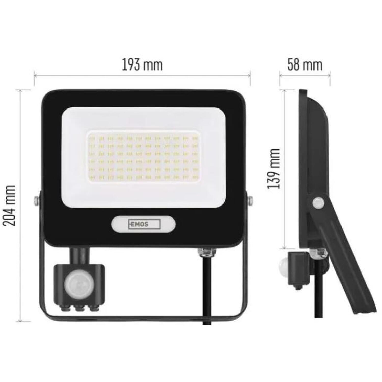 Emos LED прожектор GLARO ZS2344B, 50 W, 5000 lm, IP54, нейтральный белый, PIR датчик, алюминий, стекло (ZS2344B)
