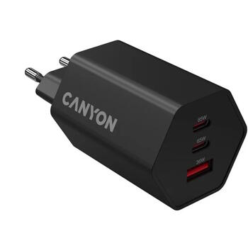 Kompakts sienas lādētājs ar GaN tehnoloģiju 65 W kopējo jaudu 2×PD un 1×QC ātrās uzlādes portiem HEXAGON 65 GaN 65W EU Melns CND-CHAHEX65B CANYON (CND-CHAHEX65B)