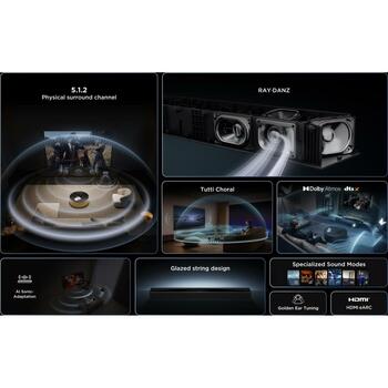 Tcl звуковая панель Q75HE 5.1.2 канала, 620 Вт, Dolby Atmos, DTS:X, Bluetooth, технология Ray Danz, беспроводной сабвуфер (Q75HE)