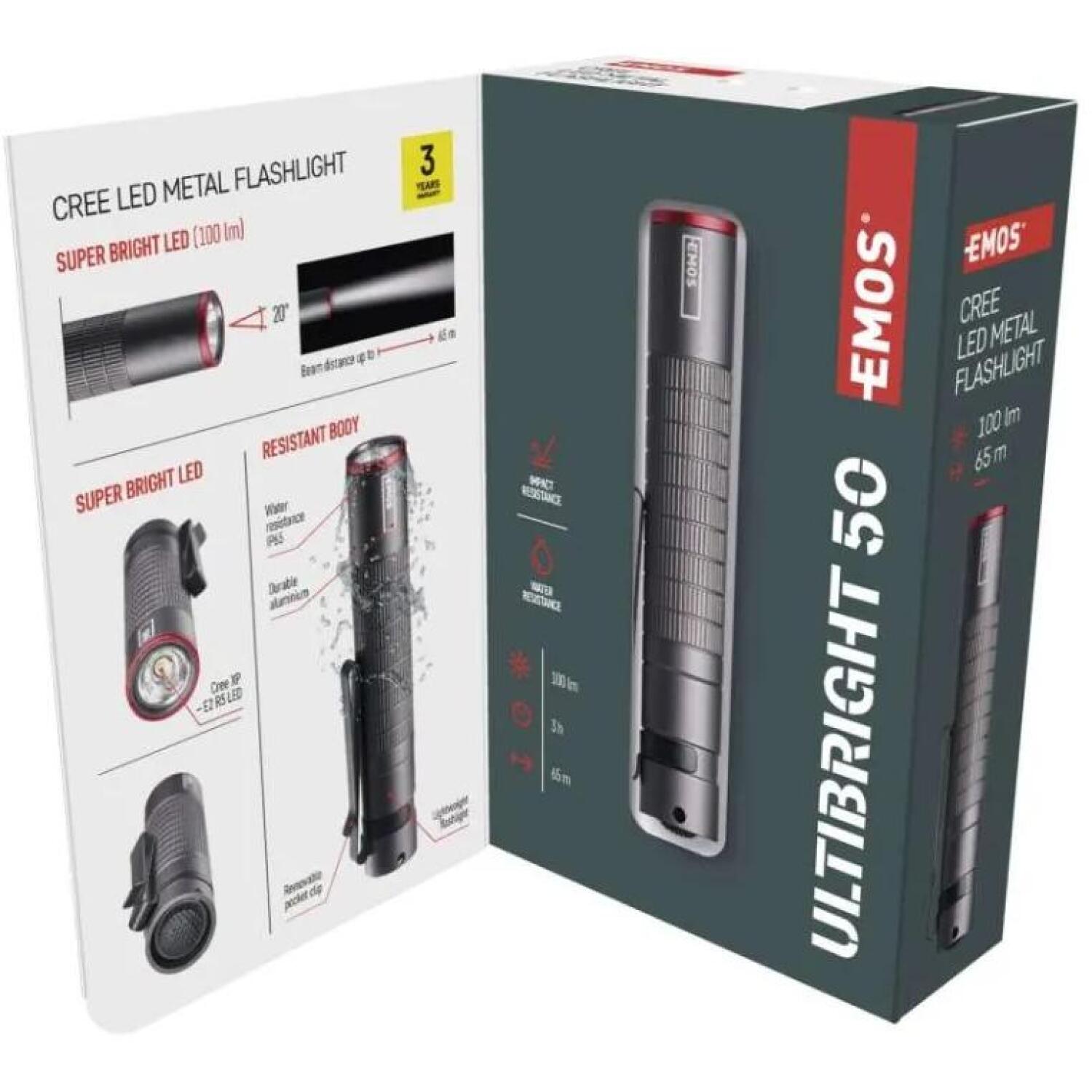 Emos CREE LED металлический фонарик P3150, 100 lm, 1x AAA, алюминий, IP65, 3 ч время работы, зажим, петля (P3150)