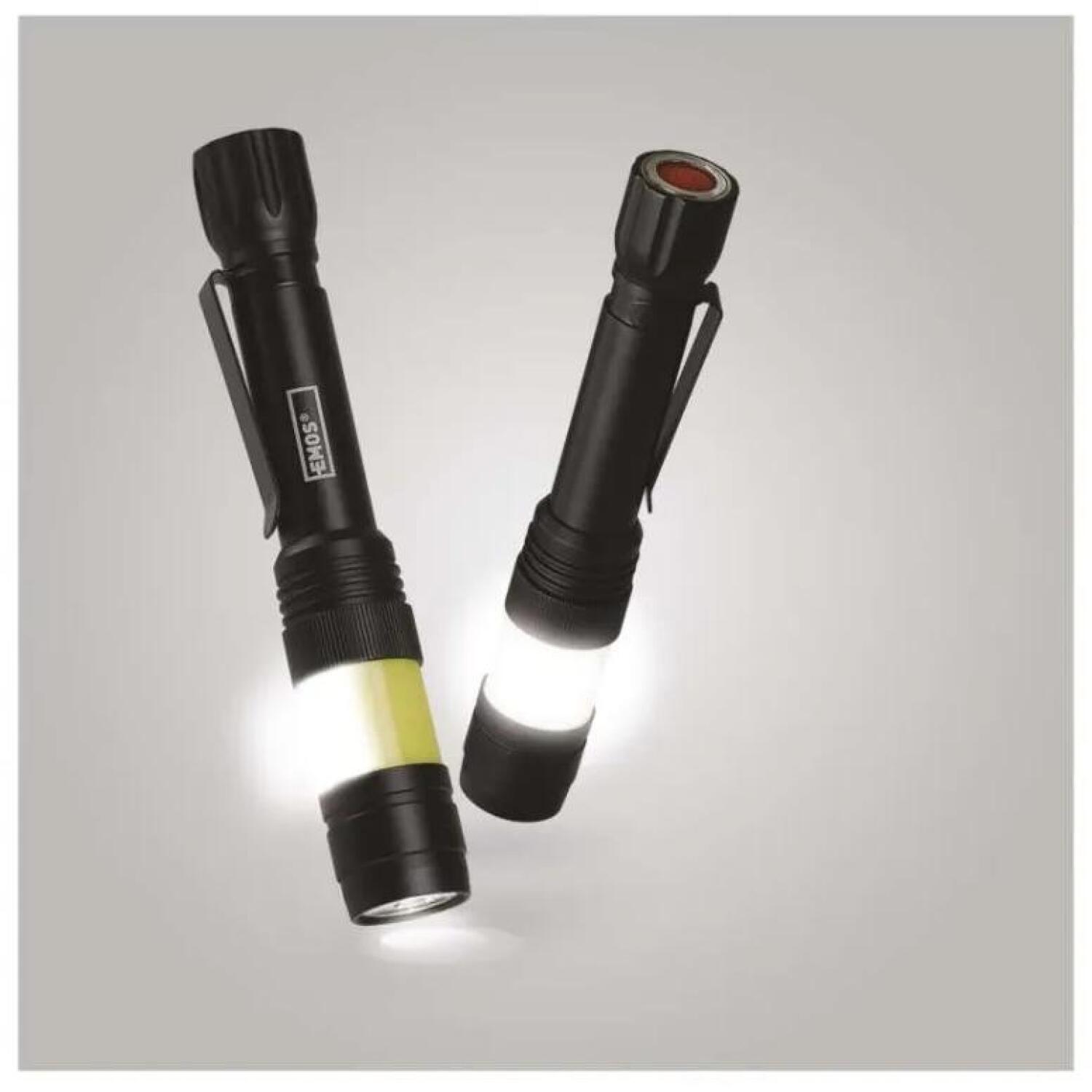 Emos 360° COB LED металлический фонарик P3112, 270 lm, 2x AA, 108 г, черный, алюминий, IP44, 5 режимов (P3112)