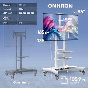 Onkron ТВ подставка TS1881-W, 50-86 дюймов, максимальная нагрузка 105.9 кг, регулировка высоты 1350-1650 мм, 2 полки, 4 колеса (TS1881-W)