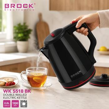 Brock WK 5518 BK чайник, 2,0л, 1500Вт, 360° основание, черный, нержавеющая сталь, двойные стенки, скрытый нагревательный элемент (WK 5518 BK)