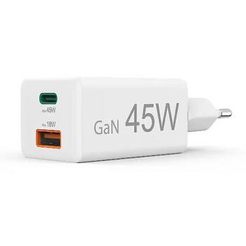 Hama 00201993 GaN зарядное устройство, 45W, 1xUSB-C, 1xUSB-A, PD/QC 3.0, белый (00201993)