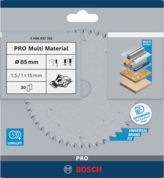 Standard MultiMaterial 85x15x1.5/1.0x30T, Rokas ripzāģiem PRO MULTI MATERIAL CORDLESS RIPZĀĢA ASMENS, 2608837752, BOSCH (2608837752)