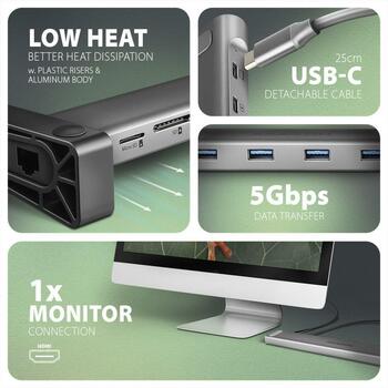 Axagon док-станция HMC-10HLS, USB 5Gbps, 4x USB-A, HDMI 4K/60Hz, RJ-45, SD/microSD, PD 100W (HMC-10HLS)