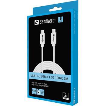 Sandberg USB-C к USB-C кабель 136-54, 100 Вт, 200 см, белый, PVC, 2x USB-C male (136-54)