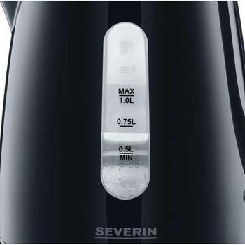 Severin WK 3410 чайник, 1л, 2200Вт, черный, 360° база, скрытый нагреватель, фильтр, индикатор уровня воды (3410)