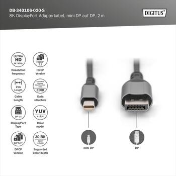 Digitus DisplayPort kabelis DB-340106-020-S, 2 m, 8K60Hz atbalsts, 4K144Hz atbalsts, MST, 80 Gbps (DB-340106-020-S)