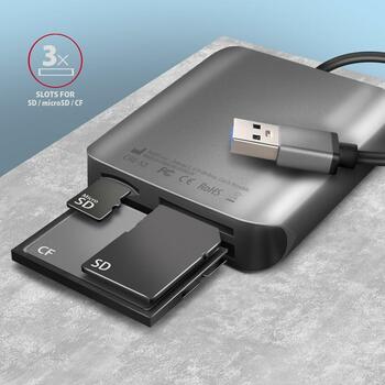 Axagon Читатель карт памяти CRE-S3 USB 3.2 Gen 1 3-слотовый, 5000 Мбит/с, поддерживает CF, SD, microSD, MMC, алюминий, серый (CRE-S3)