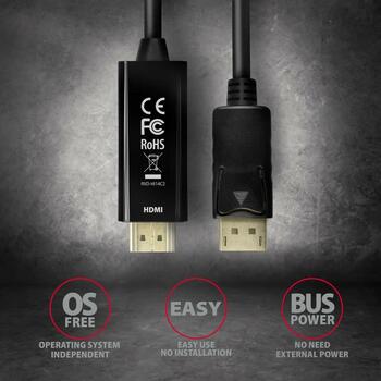 Axagon Видео кабель RVD-HI14C2 DisplayPort на HDMI 1.8м, 4096 x 2160, 30Гц, HDMI A (M), DisplayPort (M), активный преобразователь (RVD-HI14C2)