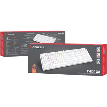 Genesis Thor 404 NKG-2300, mehāniskā spēļu klaviatūra, 107 taustiņi, USB, QWERTY US, Outemu Peach Silent, RGB apgaismojums, balta (NKG-2300)