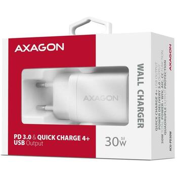 Axagon зарядное устройство ACU-PD30W 30W, 1x USB-C, быстрая зарядка, белый, сетевой адаптер, CE, RoHS (ACU-PD30W)