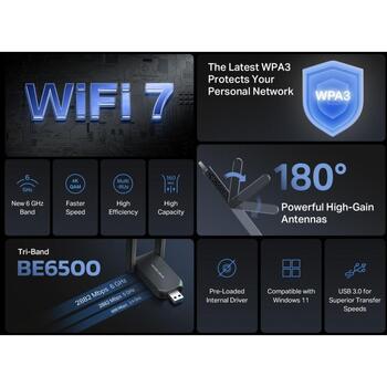 Mercusys MA37BEH, сетевой адаптер, BE6500, 2882 Mbps, 688 Mbps, 2.4 GHz, 5 GHz, 6 GHz, WPA3-SAE, USB 3.0 (MA37BEH)