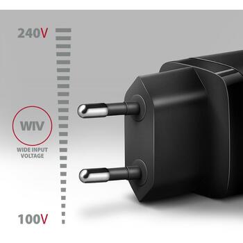 Axagon lādētājs ACU-PQ20 20W, 2 porti, 100-240V, QC 4+, PD 3.0, melns, ātrā uzlāde, aizsardzība pret pārslodzi (ACU-PQ20)