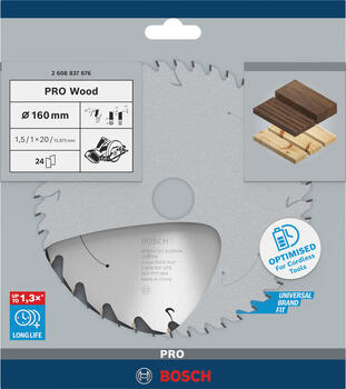 Standard for Wood 160x20/15.875x1.5/1.0x24T, Rokas ripzāģiem PRO WOOD CORDLESS RIPZĀĢA ASMENS, 2608837676, BOSCH (2608837676)
