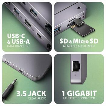 Axagon док-станция HMC-12GM2, USB 10Gbps, 3x USB-A, USB-C, HDMI, DP, RJ-45, M.2, SD/mSD, аудио, PD 100W (HMC-12GM2)