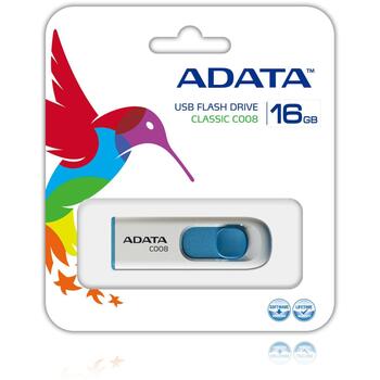 Adata USB флеш-накопитель AC008-16G-RWE 16GB, USB 2.0, Слайд, Синий, Белый (AC008-16G-RWE)