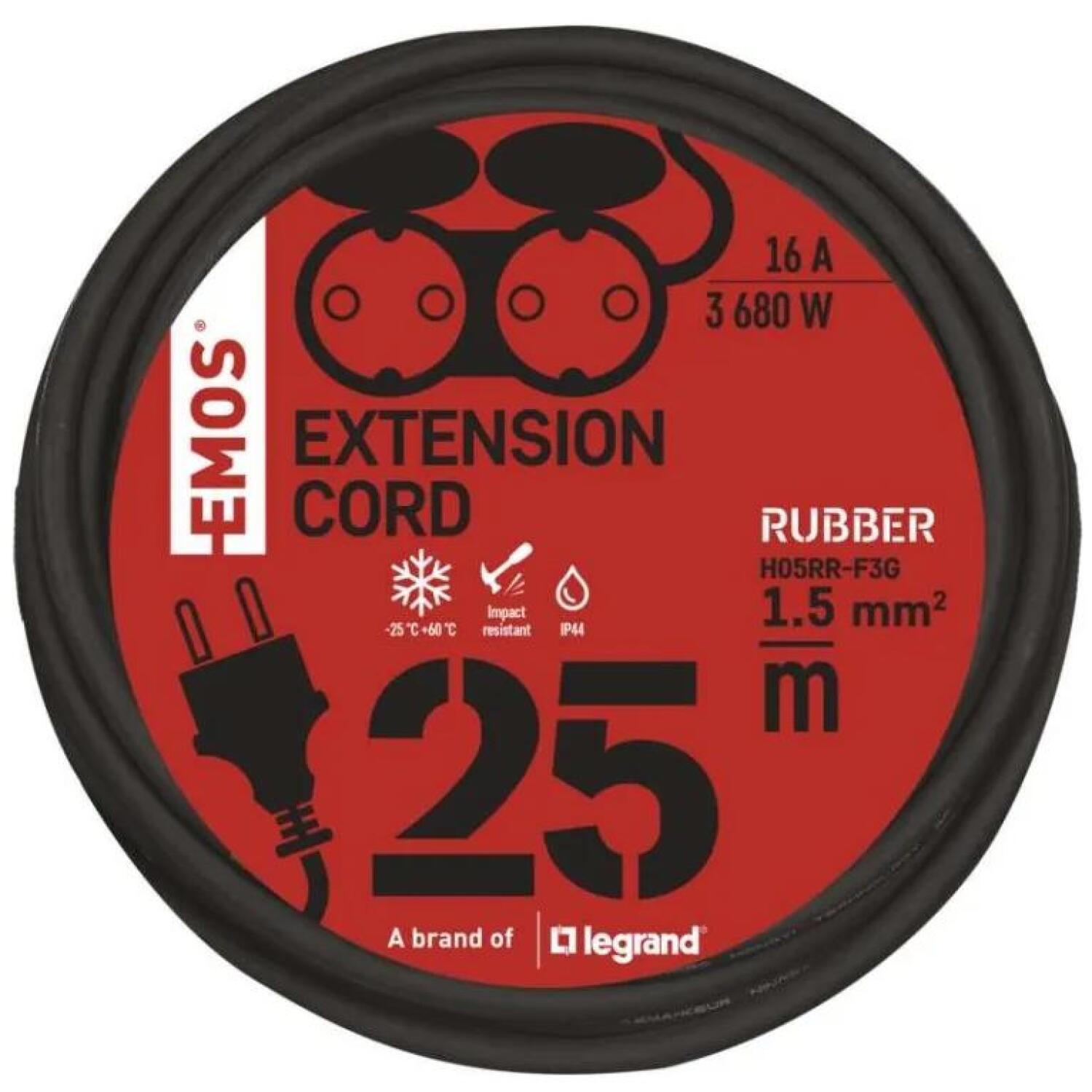 Emos Уличный удлинитель P0704, 25 м, 2 розетки, черный, 230 В, 16 А, IP44, резина, защита от детей (P0704)
