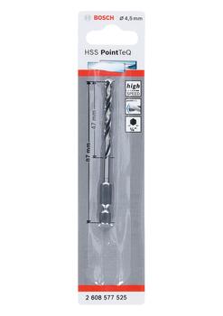 HSS Hex metāla urbis 4.5mm, Urbjmašīnām/skrūvgriežiem, triecienurbjmašīnām/triecienskrūvgriežiem HSS SPIRĀLVEIDA URBIS POINTTEQ AR SEŠSTŪRA KĀTU, 2608577525, BOSCH (2608577525)