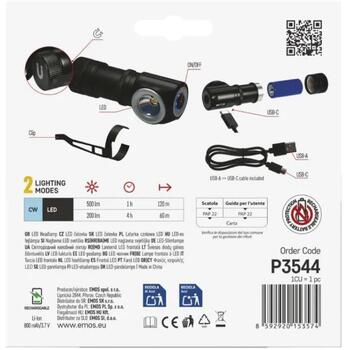 Emos LED налобный фонарь P3544, 500 lm, 120 m, Li-Ion 800 mAh, 60 g, 80 × 29 × 30 mm, USB-C, 2 режима, ударопрочный (P3544)