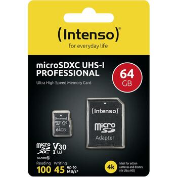 Intenso карта памяти MicroSDXC 3433490 64 ГБ, скорость чтения 100 МБ/с, скорость записи 45 МБ/с, UHS 3, V30, адаптер (3433490)
