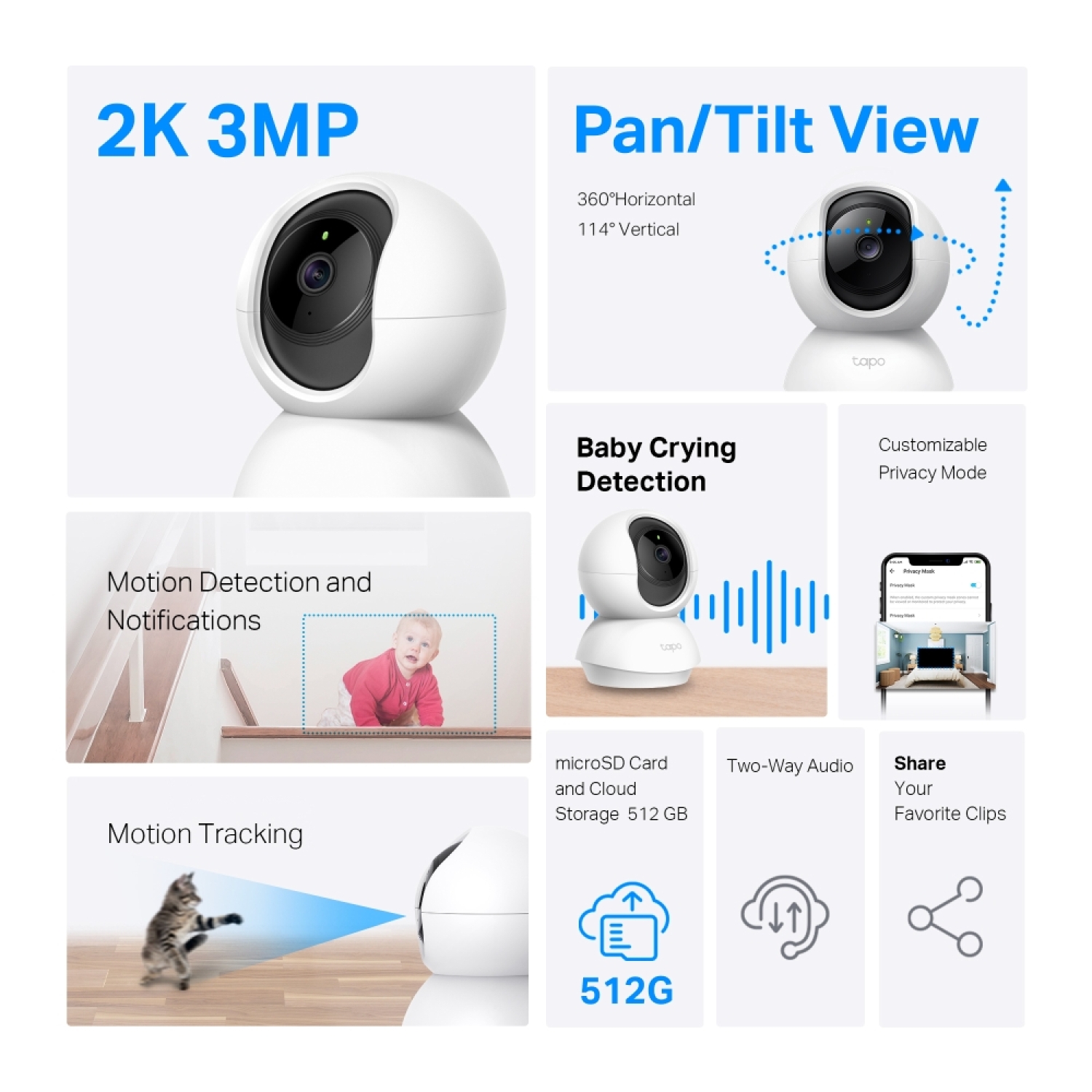TP-LINK WI-FI камера безопасности TC71, 3MP, 30 fps, 340° панорамирование, 70° наклон, 30 футов ночное видение, двусторонний звук (TC71)