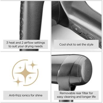 BaByliss Titanium Shine D6200DE фен для волос, 1600 Вт, 3 температуры, 3 скорости, ионизация, холодный обдув, диффузор (D6200DE)