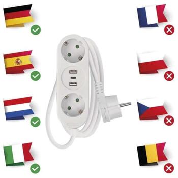 Emos Удлинитель P0221U, 1,5м, 2×2P+PE, 2×USB-A, 1×USB-C, 5V, 3,4A, 3680W, PVC, защита от детей (P0221U)