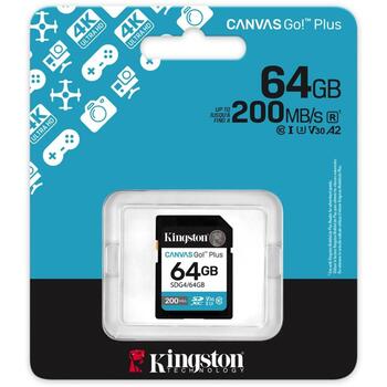 Kingston Canvas Go! Plus SDXC SDG4/64GB, 64 ГБ, 200 МБ/с, 100 МБ/с, UHS-I, U3, V30, Class 10, exFAT (SDG4/64GB)