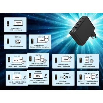 Gembird Зарядное устройство TA-UC-PDQC100LCD-01-BK 100 Вт, 4 порта, 3 Type-C, 1 Type-A, ЖК-дисплей, PD, QC 3.0, AC, черный (TA-UC-PDQC100LCD-01-BK)