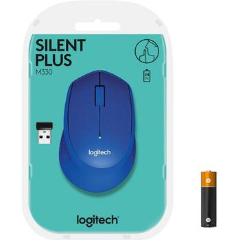 Logitech USB оптическая мышь M330 SILENT PLUS 910-004910, 1000 DPI, 10м беспроводная, 3 кнопки, AA батарея, синяя (910-004910)