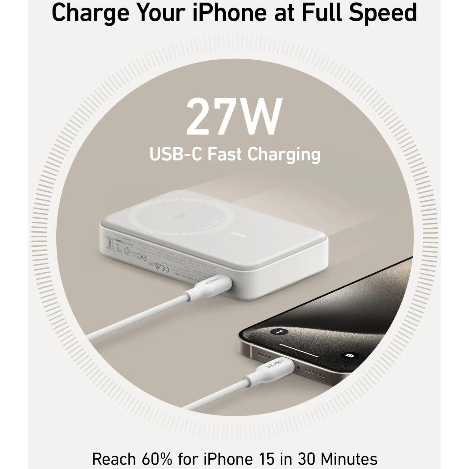 Anker MagGo Power Bank A1654G21, 10000 мАч, 15 Вт, белый, Qi2, ЖК-дисплей, Wireless Power IQ (A1654G21)