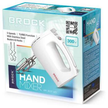 Brock HM 3001 WH ручной миксер, 300 Вт, 5 скоростей, турбо, венчики и крюки для теста из нержавеющей стали, белый (HM 3001 WH)