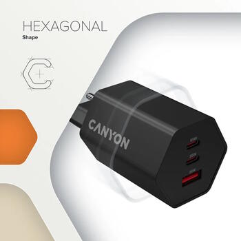 Kompakts sienas lādētājs ar GaN tehnoloģiju 65 W kopējo jaudu 2×PD un 1×QC ātrās uzlādes portiem HEXAGON 65 GaN 65W EU Balts CND-CHAHEX65W CANYON (CND-CHAHEX65W)