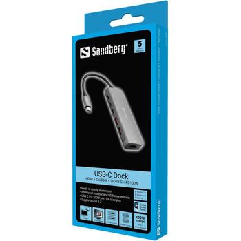 Sandberg USB-C doks 136-65, 1xHDMI, 2xUSB-A, 2xUSB-C, PD100W, 4K Ultra HD, 3840 x 2160 pikseļi (136-65)