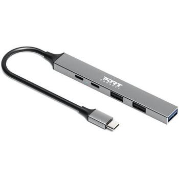 Port Connect USB centrmezgls 900163, 1xUSB-C, 1xUSB-C (jaudas piegāde), 2xUSB-A 2.0, 1xUSB-A 3.2, 100W, alumīnija korpuss (900163)