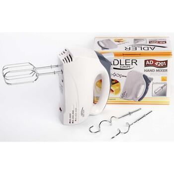 Adler Миксер AD 4201 g, 300 Вт, 5 скоростей, Турбо режим, 2 венчика, 2 крюка для теста, белый (AD 4201 g)