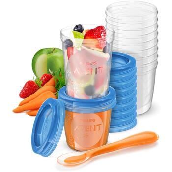 Philips Avent набор контейнеров для хранения пищи с ложкой SCF721/20, 10x180мл, 10x240мл, 20 крышек, 1 ложка, 6м+, герметичный (SCF721/20)