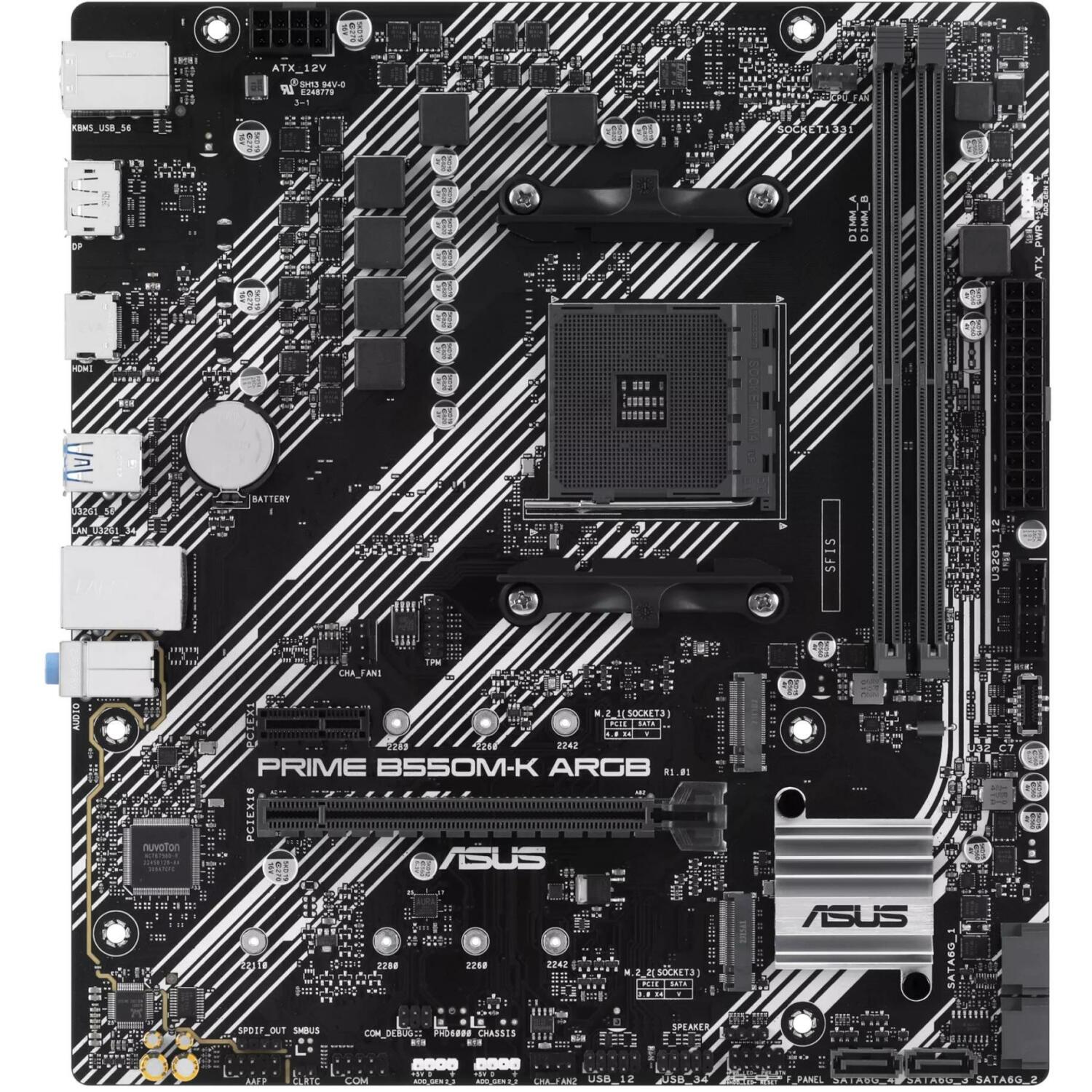 Asus Dēlis PRIME B550M-K ARGB, AM4, DDR4, 64 GB, 2 x M.2, 4 x SATA III, 1 x HDMI, 1 x DisplayPort, 7.1 audio, RGB (PRIMEB550M-KARGB)