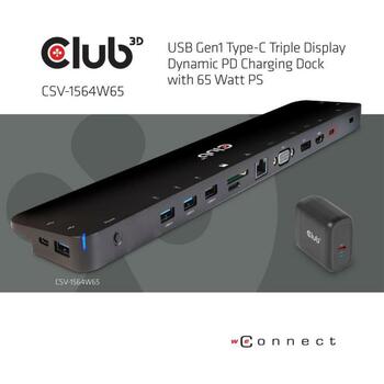 Club3D dokstacija CSV-1564W65 4K Ultra HD, 100 W, 2x USB 3.2 Gen 1 Type-A, 2x USB 3.2 Gen 1 Type-C, 1x HDMI, 1x DisplayPort (CSV-1564W65)