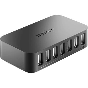 D-Link USB centrmezgls DUB-H7/E, 7x USB 2.0, 480 Mbit/s, 2.4 A, melns, Plug and Play, Mac saderība (DUB-H7/E)