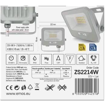 Emos LED-прожектор GLARO ZS2214W, 10 W, 1000 lm, IP65, нейтральный белый, алюминий, 120°, 20 000 ч (ZS2214W)