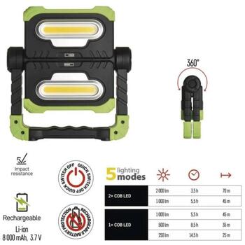 Emos COB LED перезаряжаемая рабочая лампа P4536, 2000 лм, 8000 мАч, 5 режимов, 2× COB LED, 360° поворот, USB-C (P4536)