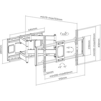 Sbox televizora kronšteins PLB-7486, 43-100 collas, 120kg, 200x200-800x400mm, melns, tērauds, noliecams, griežams (PLB-7486)