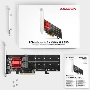 Axagon PCIe 2x NVMe M.2 контроллер PCEM2-ND, 4000 МБ/с, M.2, 2 SSD, RAID, 180 x 64 x 20 мм, крепление в комплекте (PCEM2-ND)