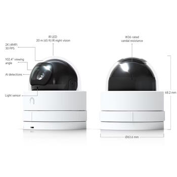 IP PoE наблюдательная камера 2K 4 MP 2688×1512 PoE 30 fps ультраширокий угол обзора 102.4° IR ночное видение до 20 м AI детекция событий RJ45 монтаж потолок/стена UVC-G5-Dome Ultra Белая Ubiquiti (UVC-G5-DOME-ULTRA)