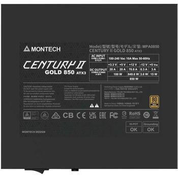 Montech Datora barošanas bloks CENTURY II 850, 850W, 100-240V, 50/60Hz, 80 PLUS Gold, aktīvā dzesēšana, 10 gadi garantija (CENTURY II 850)